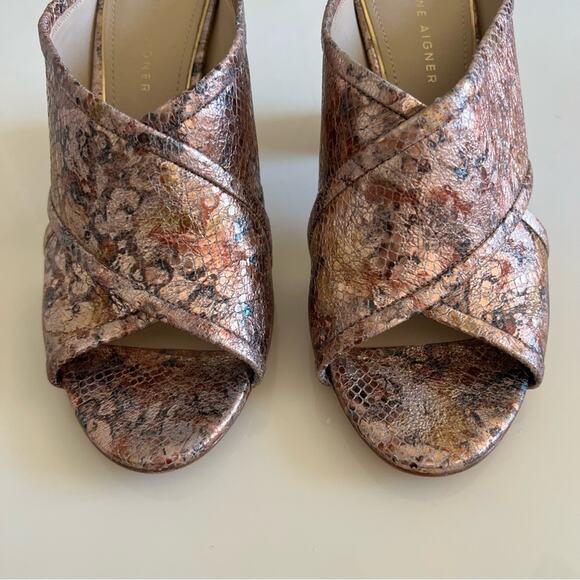 Etienne Aigner Bronze Metallic Cork Block Heel Heeled Mule Sandal Womens 8.5 - Picture 2 of 10